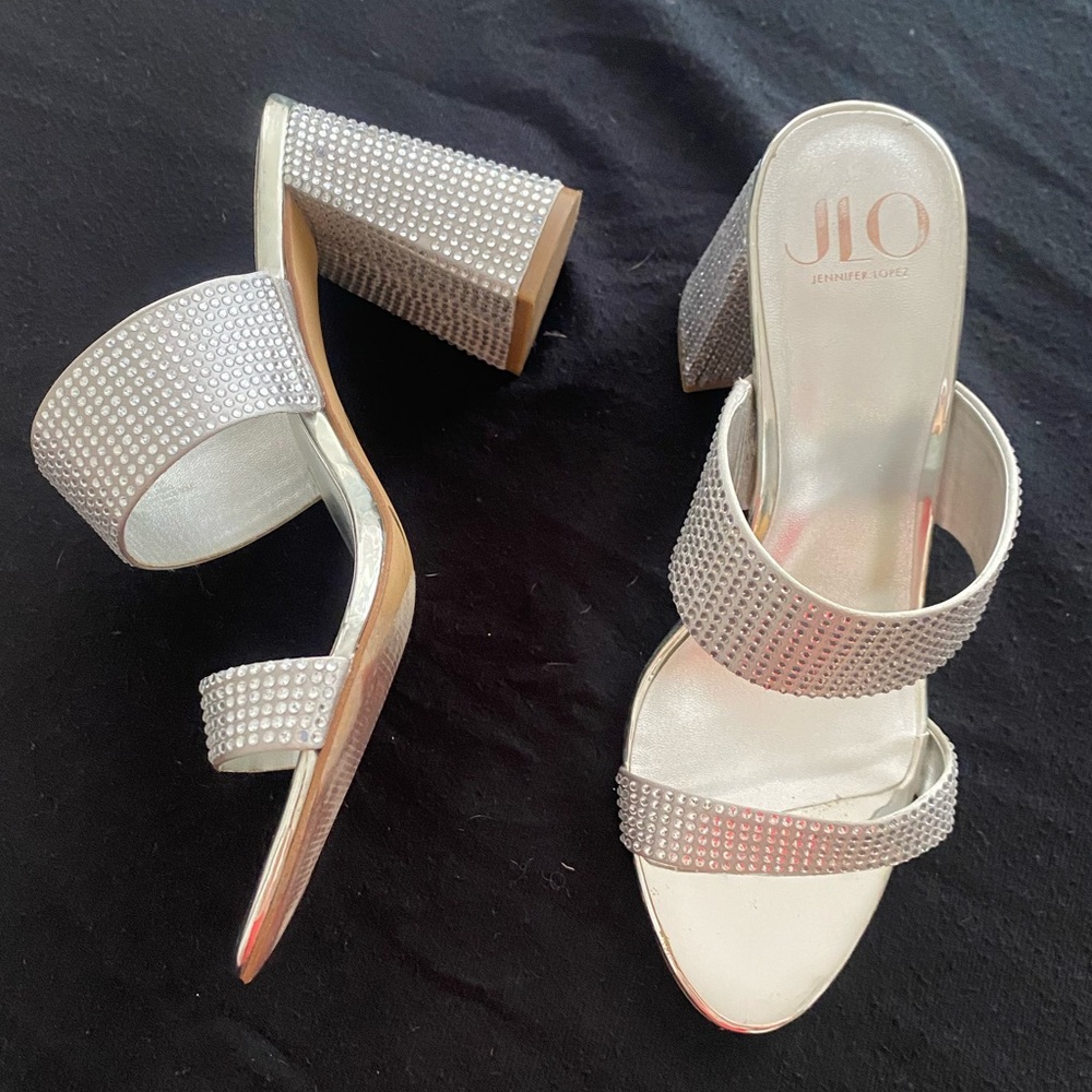 Silver & rhinestone slip on heeled sandals by JLO, size 10.